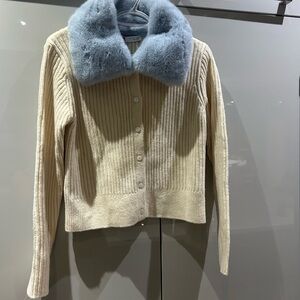Zara Cream Ribbed Jacket with Blue Fur Collar